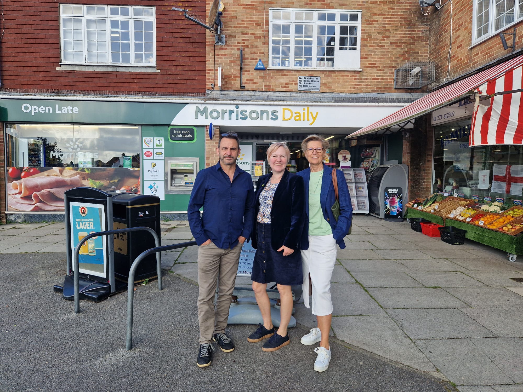 Councillors Johnny Denis, Emily O'Brien and Lucy Agace at Morrisons Daily in Ringmer