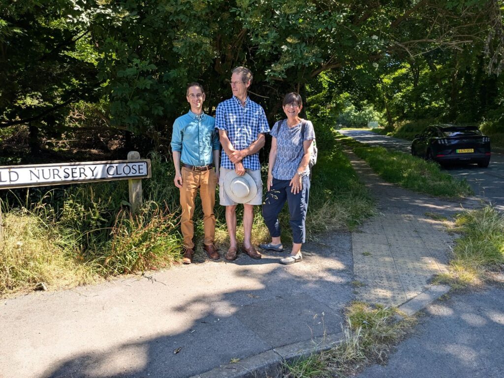 Seaford Green Cllrs, Ezra Cohen, James Meek and Becky Francomb at corner of Alfriston Road and Old Nursery Close